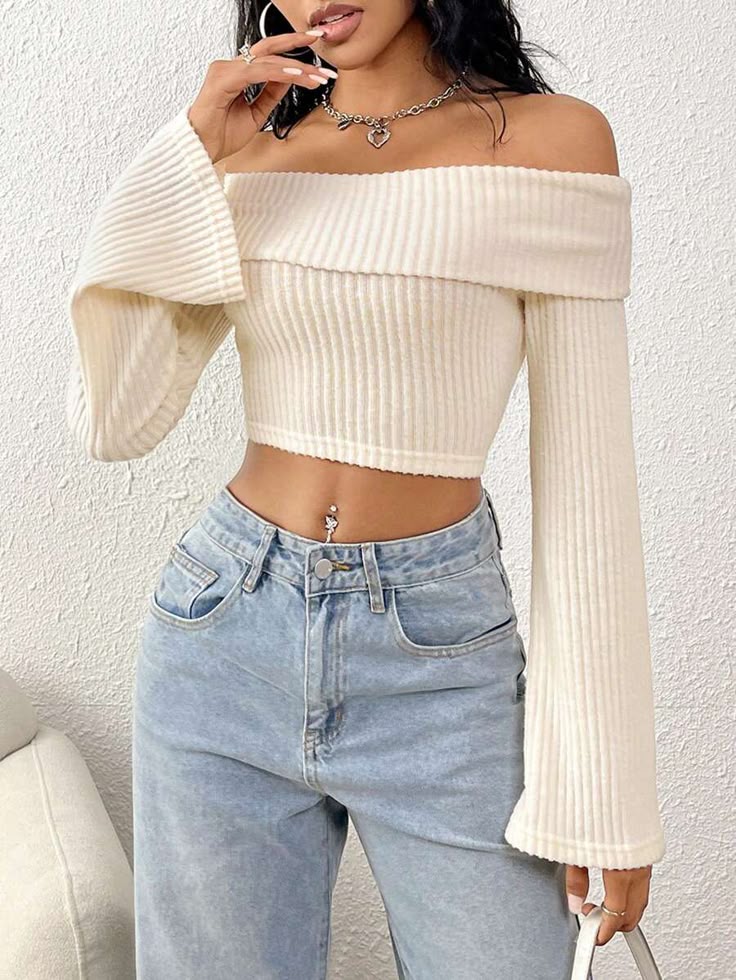 Top Cropped Off-Shoulder Rib Manga Flare – Mujer
