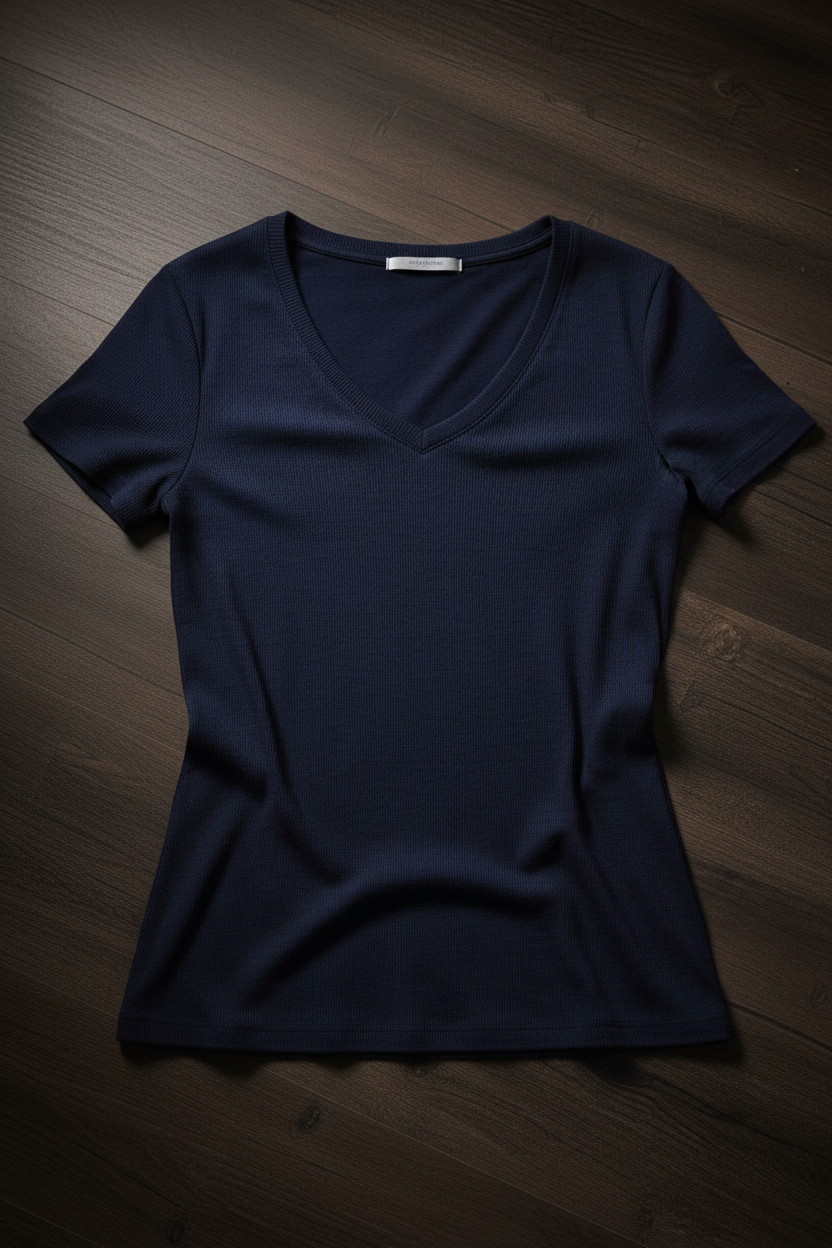 Camiseta Jersey Cuello en V Mujer - Azul Marino