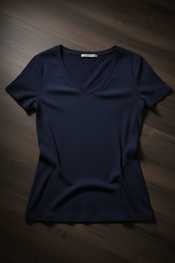 Camiseta Jersey Cuello en V Mujer - Azul Marino