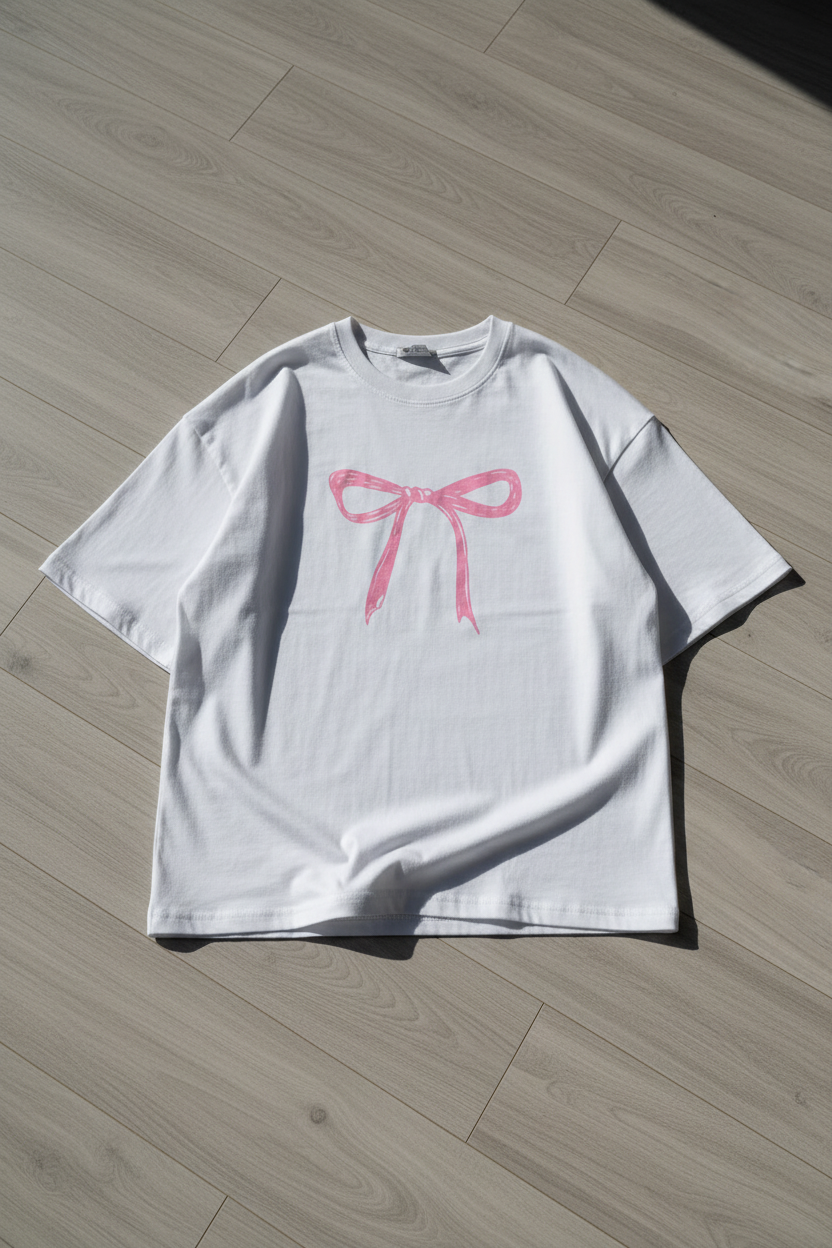 Camiseta blanca con lazo rosa - perspectiva diagonal