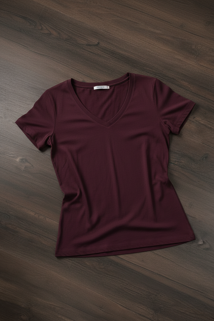 Camiseta Jersey Cuello en V Mujer - Vino