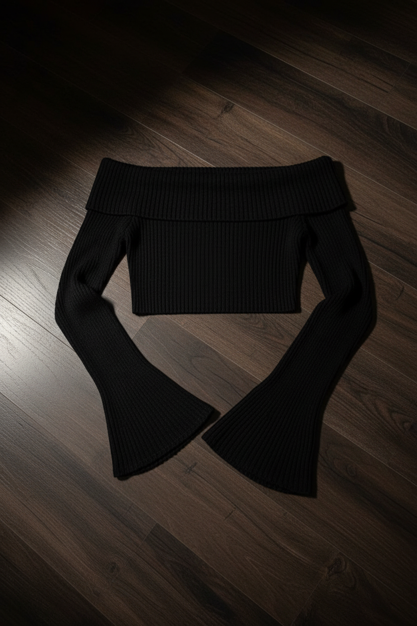 Top Off-Shoulder Rib Manga Flare - Negro