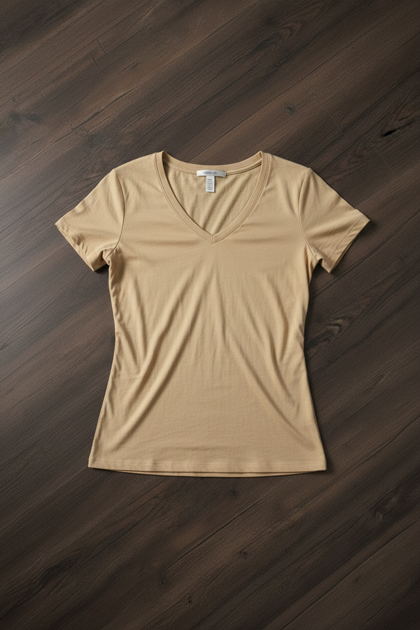Camiseta Jersey Cuello en V Mujer - Beige/Crema