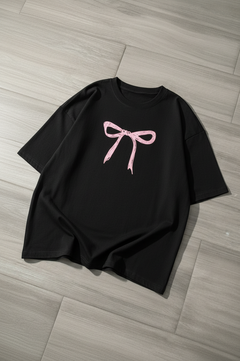 Camiseta negra con lazo rosa - perspectiva diagonal