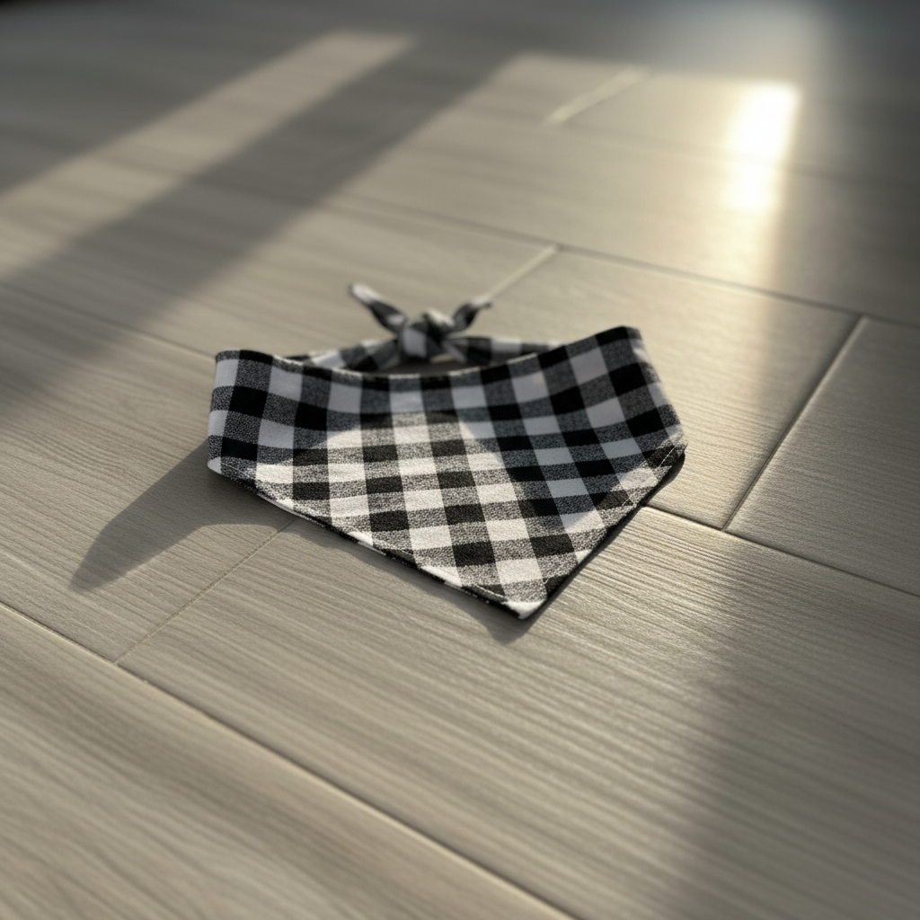 Pañuelo a cuadros negro y blanco para perro sobre piso de madera gris