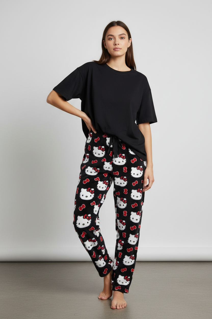 Pijama Hello Kitty - Camiseta negra + Pantalón negro