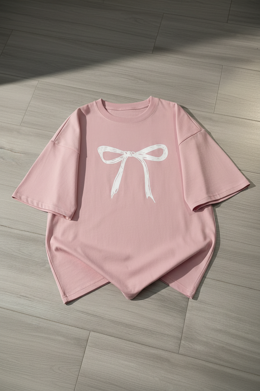 Camiseta rosa con lazo blanco - vista frontal