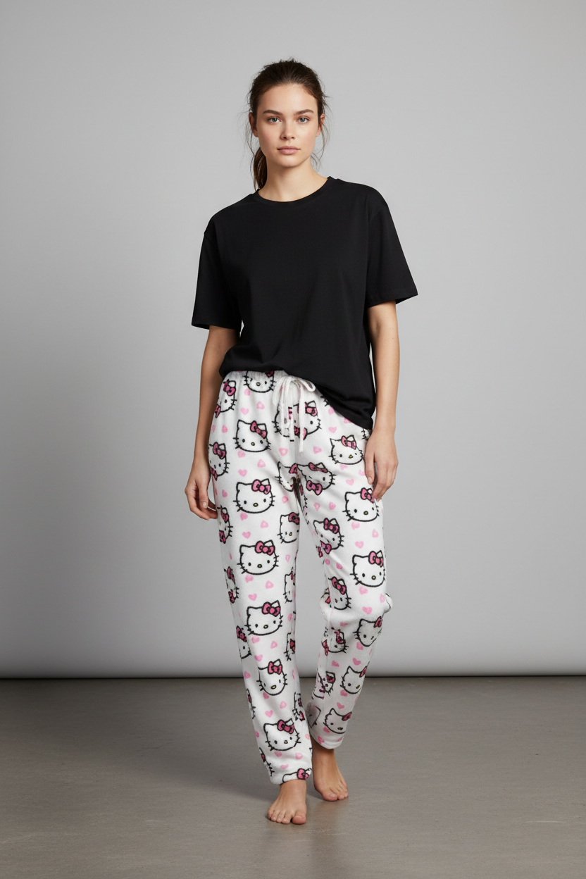 Pijama Hello Kitty - Camiseta negra + Pantalón blanco