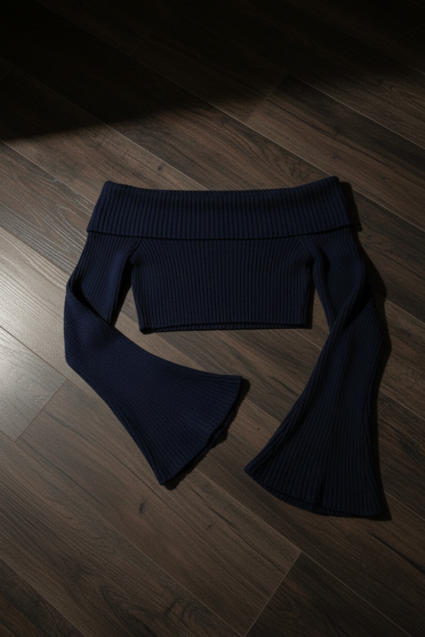Top Off-Shoulder Rib Manga Flare - Azul Marino