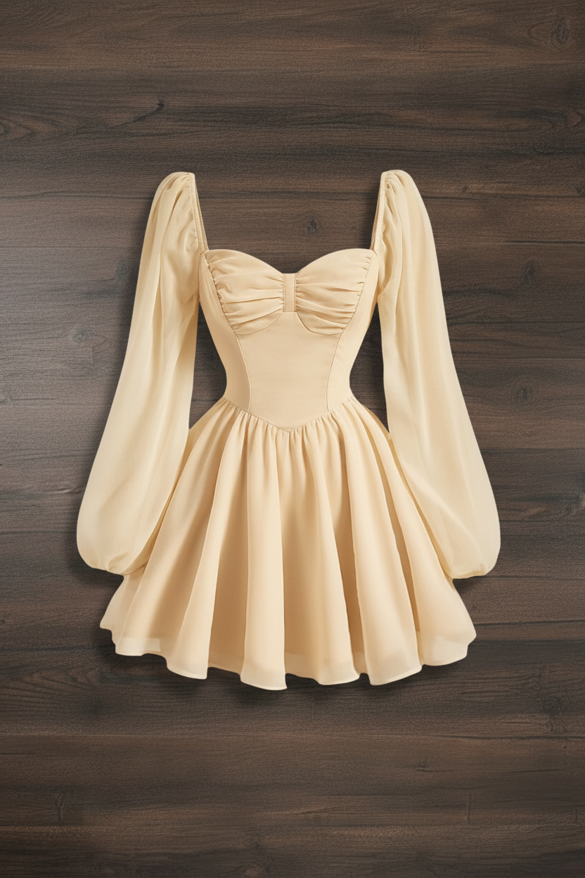 Vestido Corset Puff Sleeve - Beige/Crema