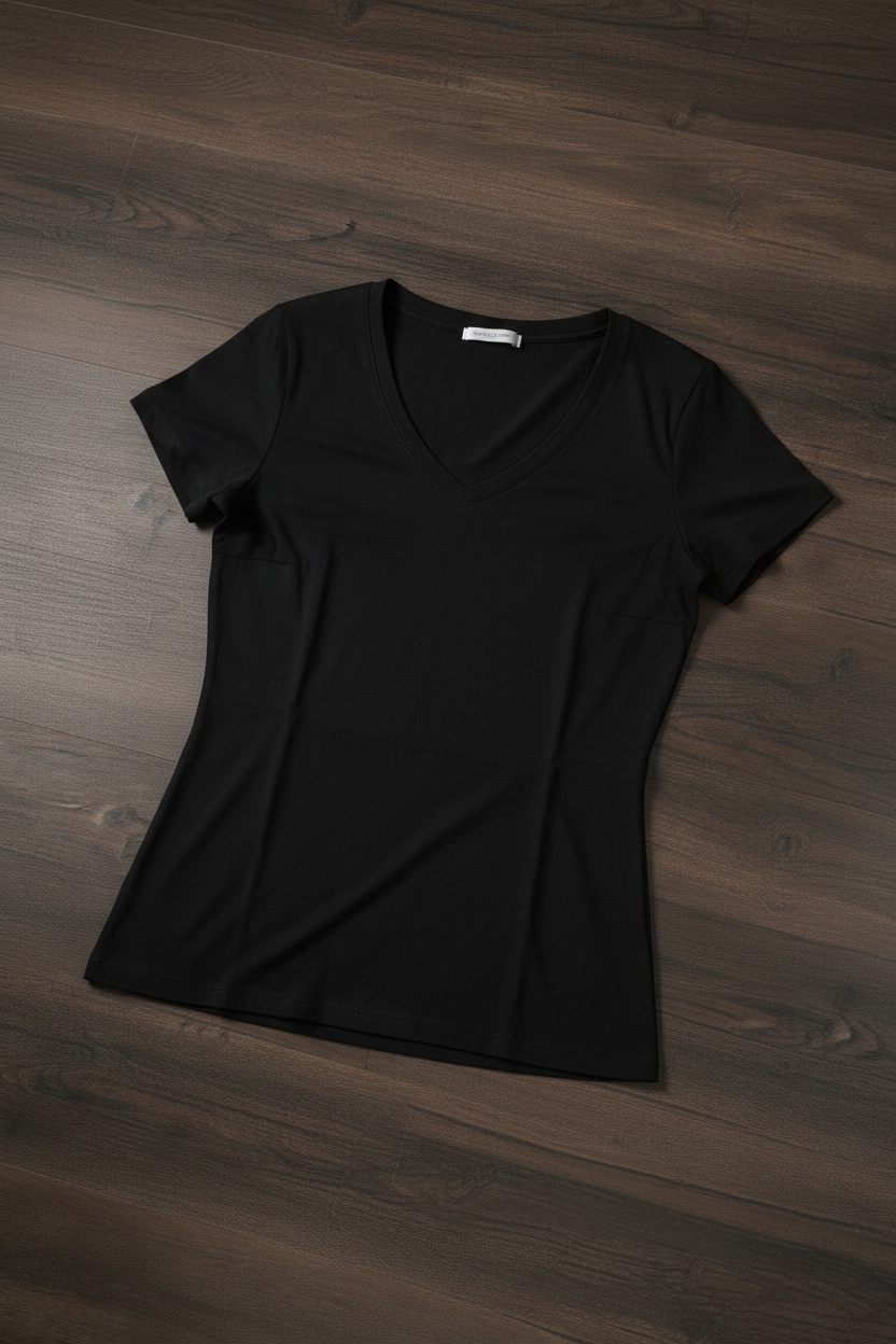 Camiseta Jersey Cuello en V Mujer - Negro