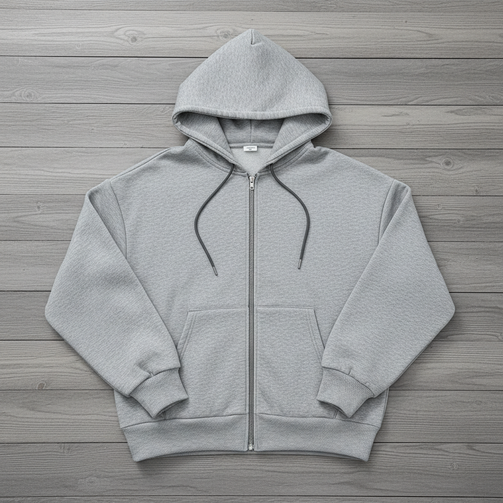 Hoodie Zip-Up Gris oversize flat lay fondo madera gris