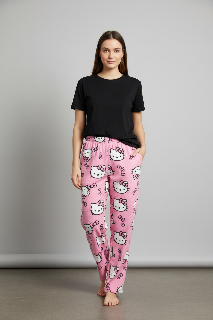 Pijama Hello Kitty - Camiseta negra + Pantalón rosado