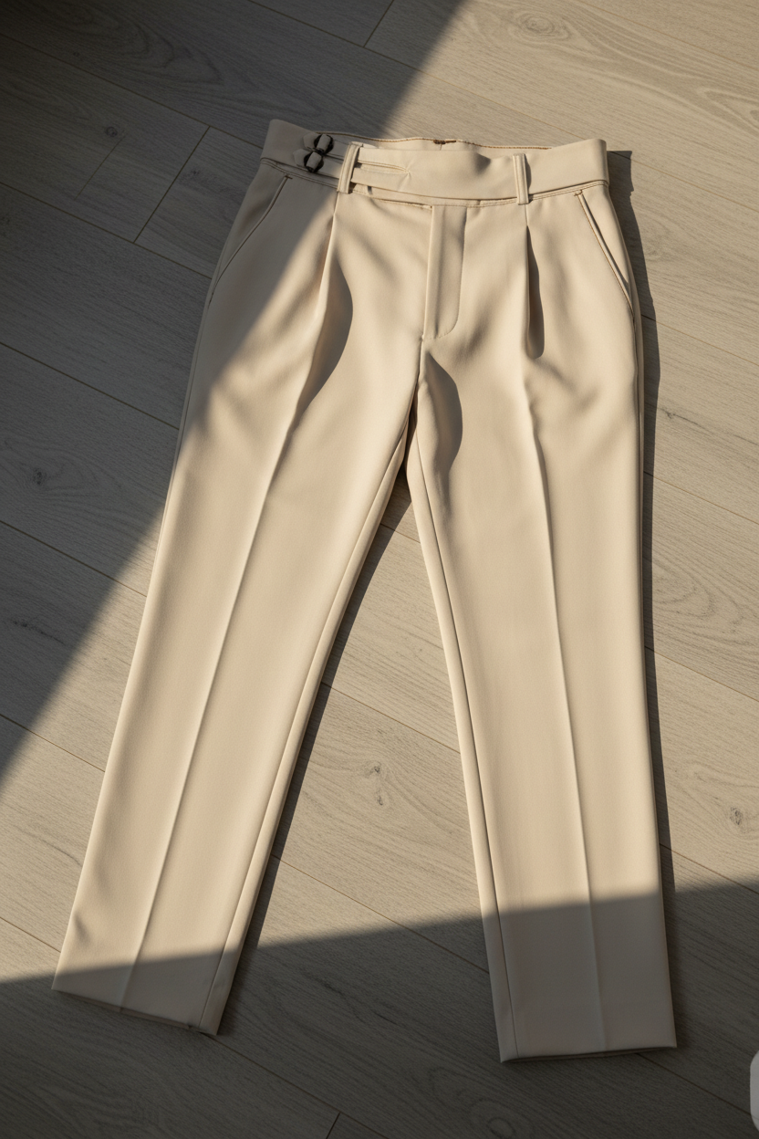 Pantalón Elegante con Banda y Hebilla - Beige Crema