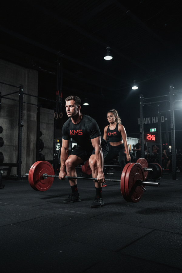 Pareja deadlift gym oscuro