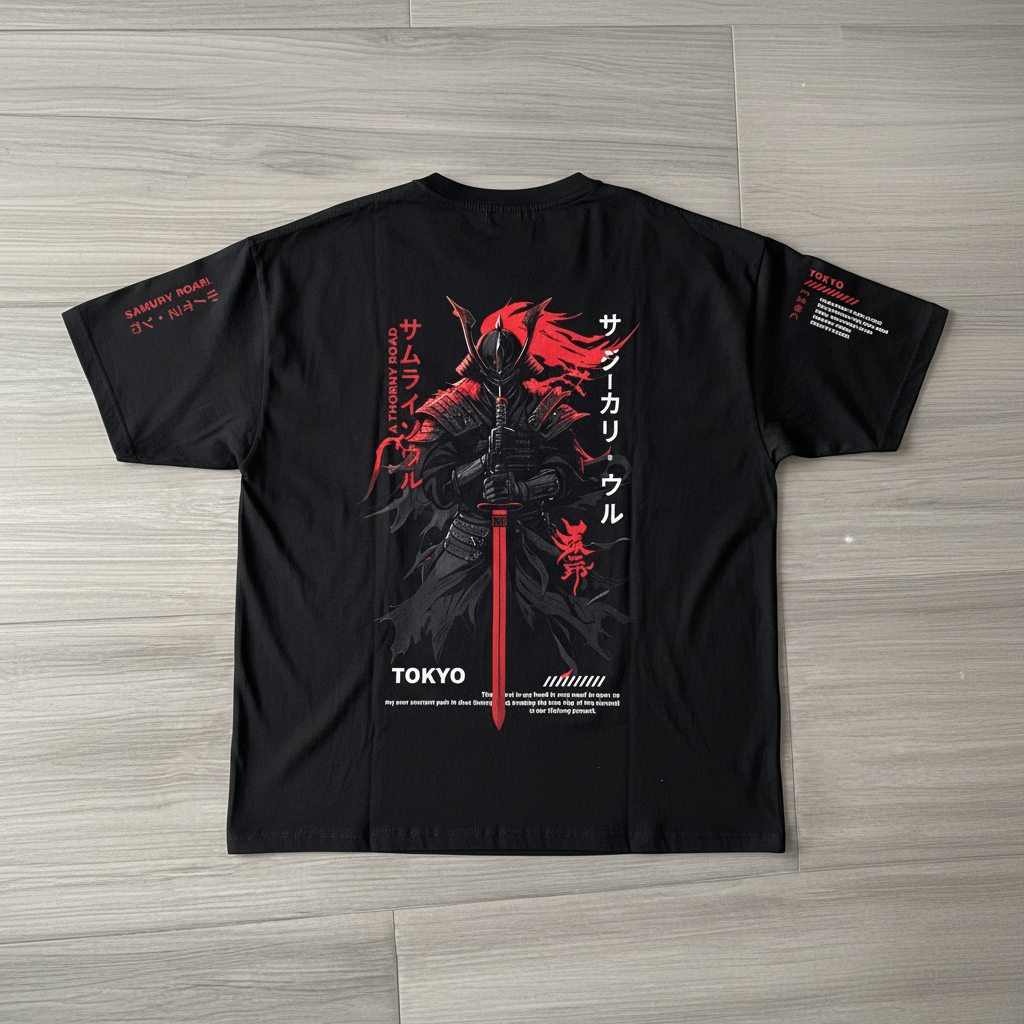 Samurai Tokyo tee - black oversized tee with red samurai warrior graphic
