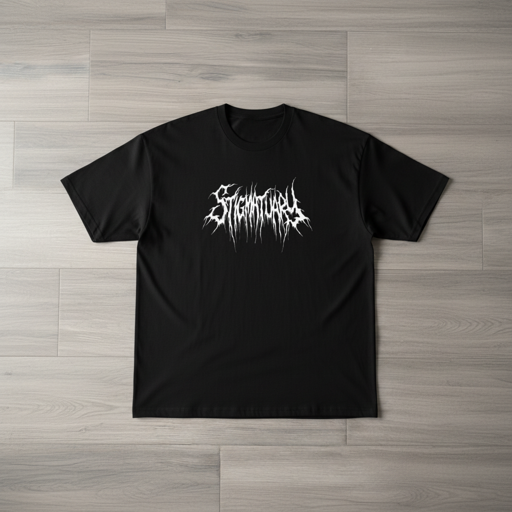 Stigmatuary tee - black oversized tee with gothic white lettering